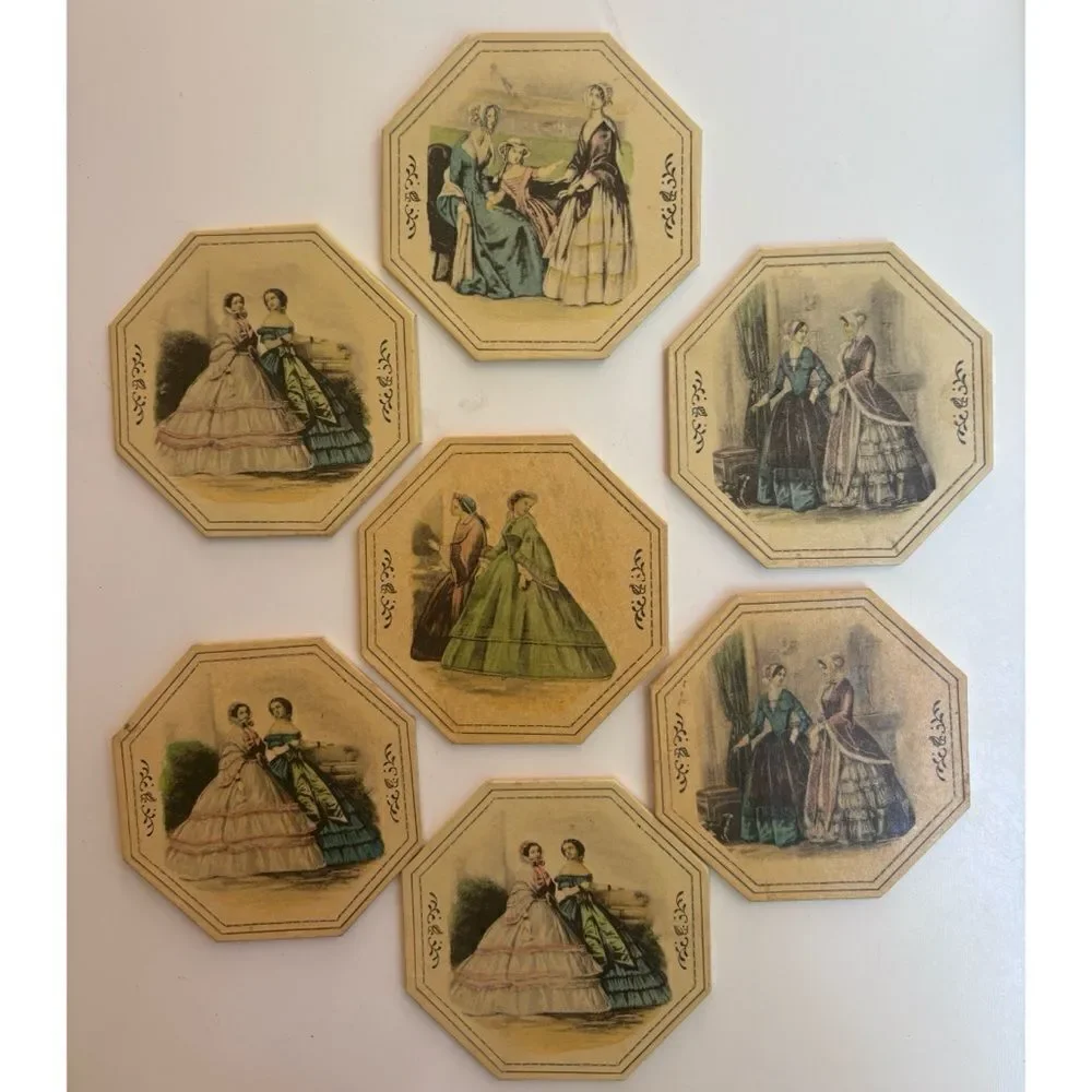 TW Antique Victorian paper every day coasters / Set of 7/ In Box